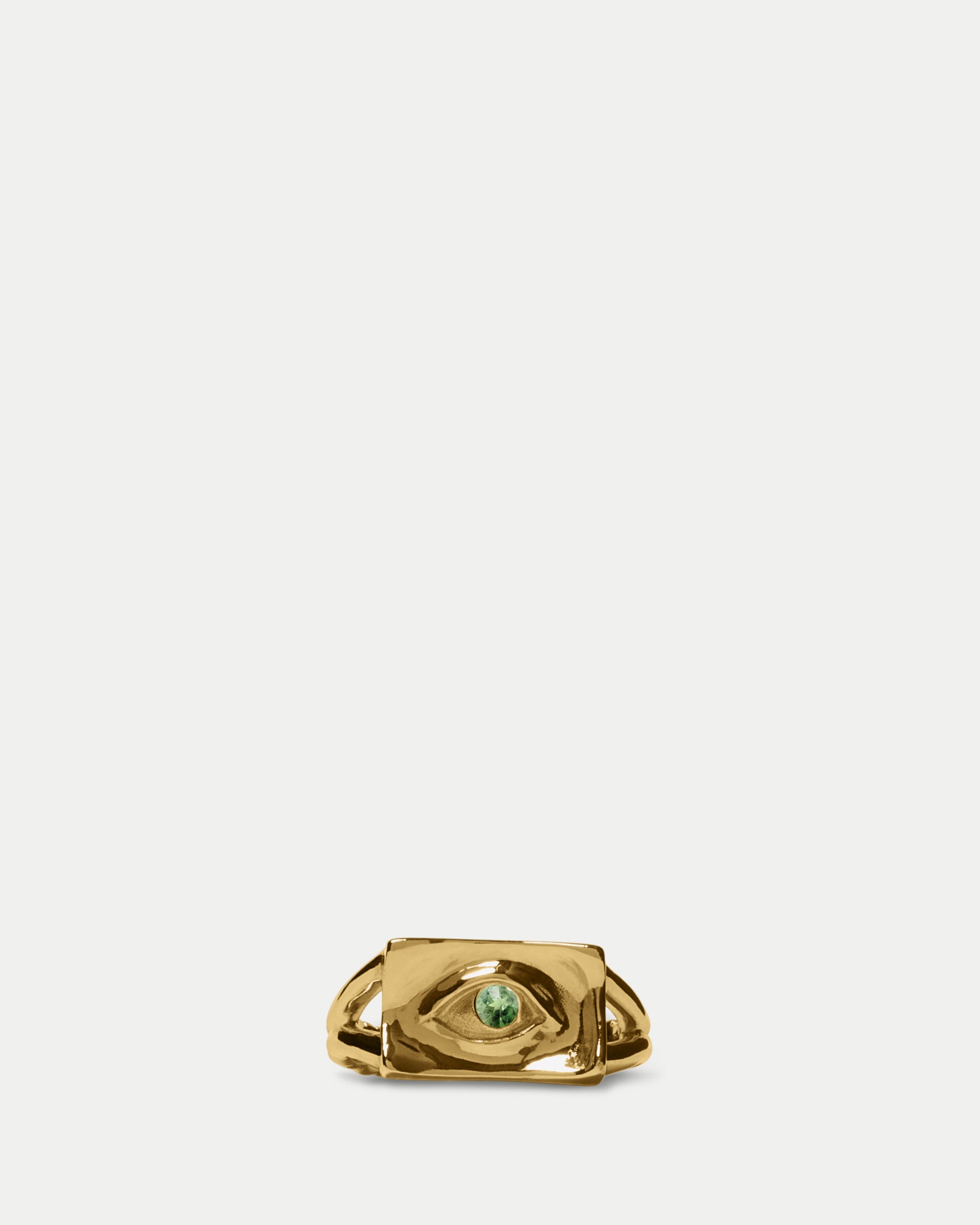 Front view of Classic Amico Signet Ring ft. Green Sapphire in 14k yellow gold by Alfonzo