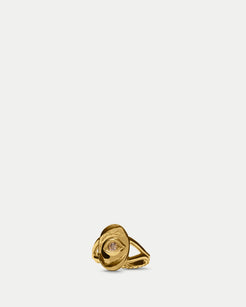 Angled view of Oval Amico Signet Ring ft. Champagne Diamond in 14k yellow gold by Alfonzo