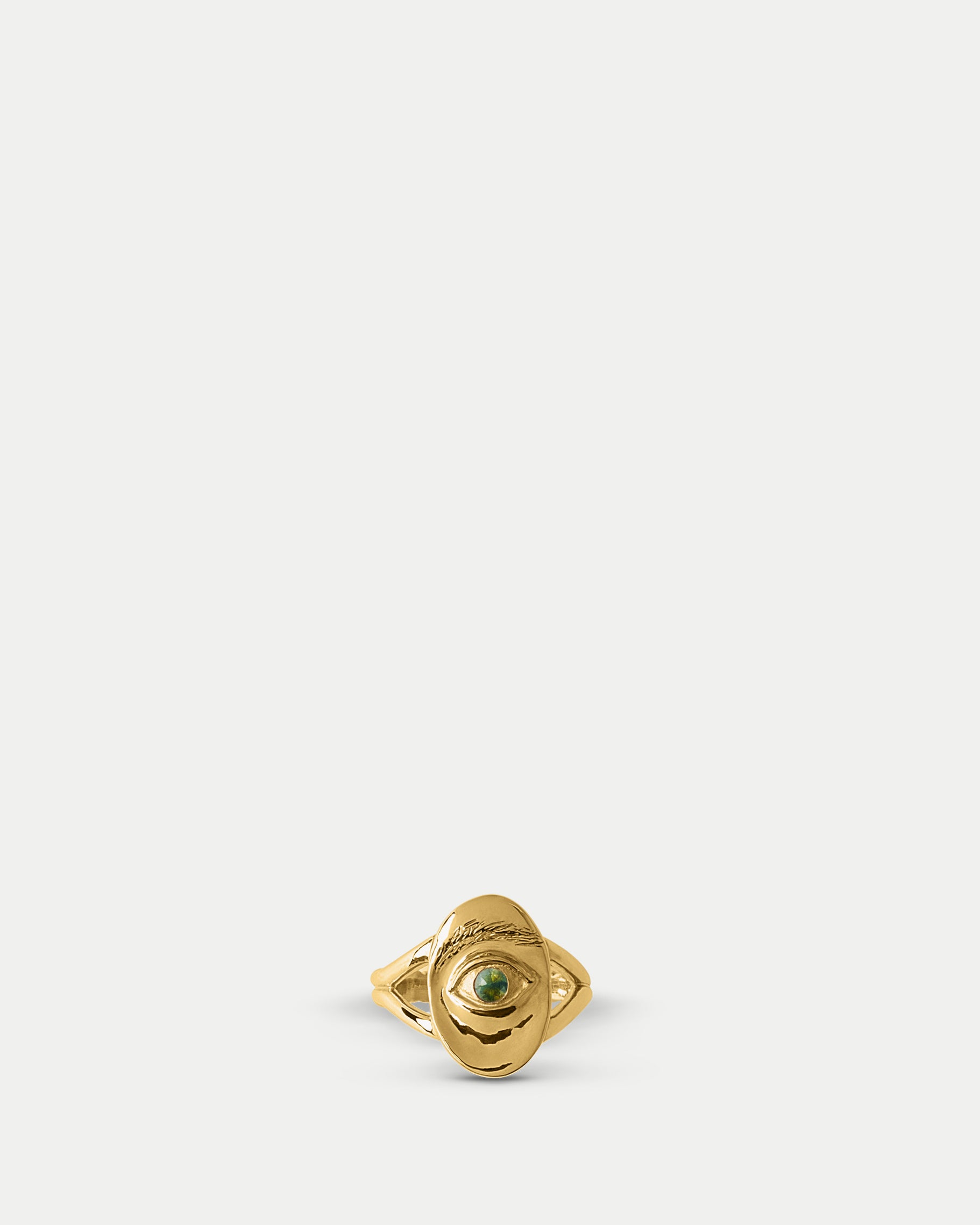 Front view of Oval Amico Signet Ring ft. Green Sapphire in 14k yellow gold by Alfonzo