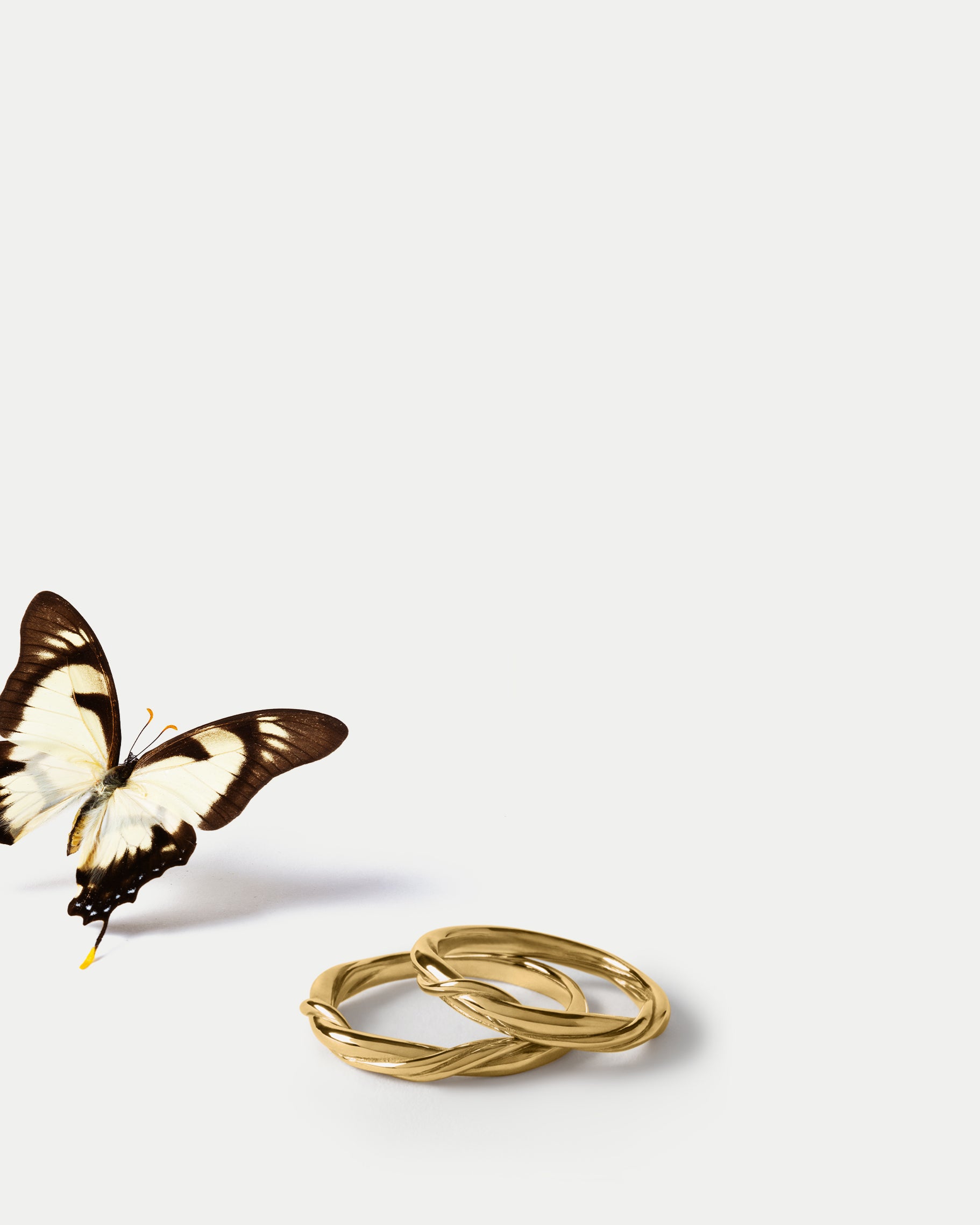 Stacked view of two Ceremonial Bands in 14k yellow gold with a butterfly