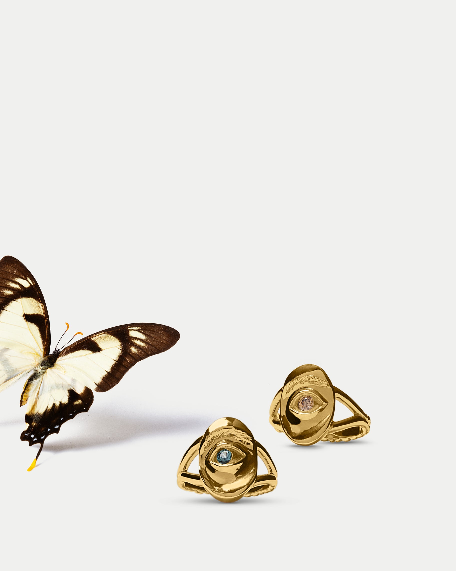 Front view of Oval Amico Ring ft. Blue Sapphire and Oval Amico Ring ft. Champagne Diamond together with a butterfly