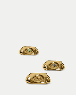 Front view of Classic Amico Ring in 14k yellow gold, Classic Amico Ring ft. Salt & Pepper Diamonds in 14k yellow gold, and Classic Amico Ring ft. Green Sapphire in 14k yellow gold