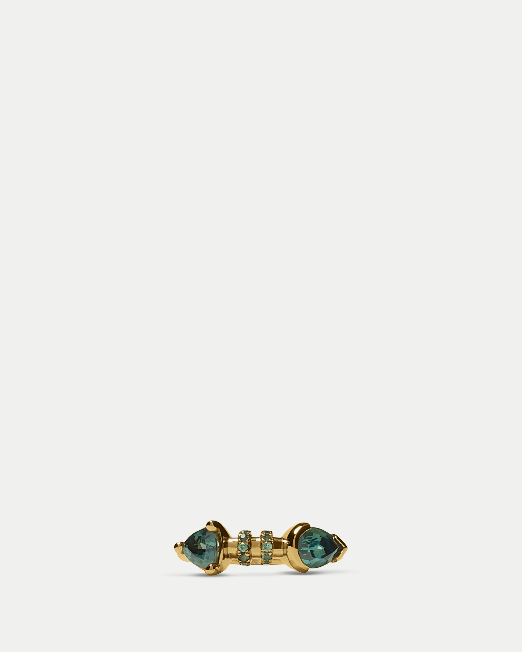 Front view of Calabash Ring ft. Teal Sapphires in 14k yellow gold