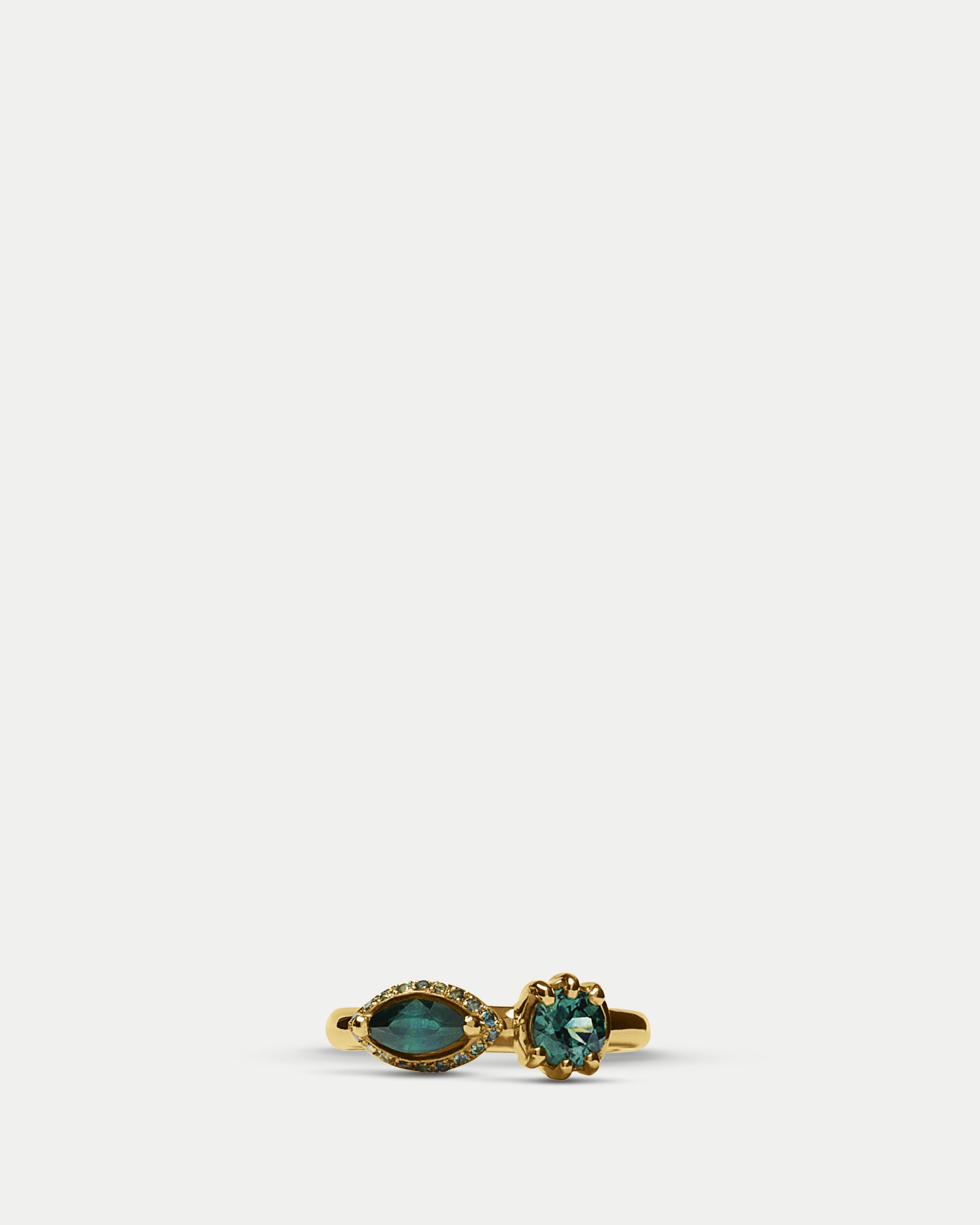 Front view of Helix Ring ft. Teal Sapphires in 14k yellow gold