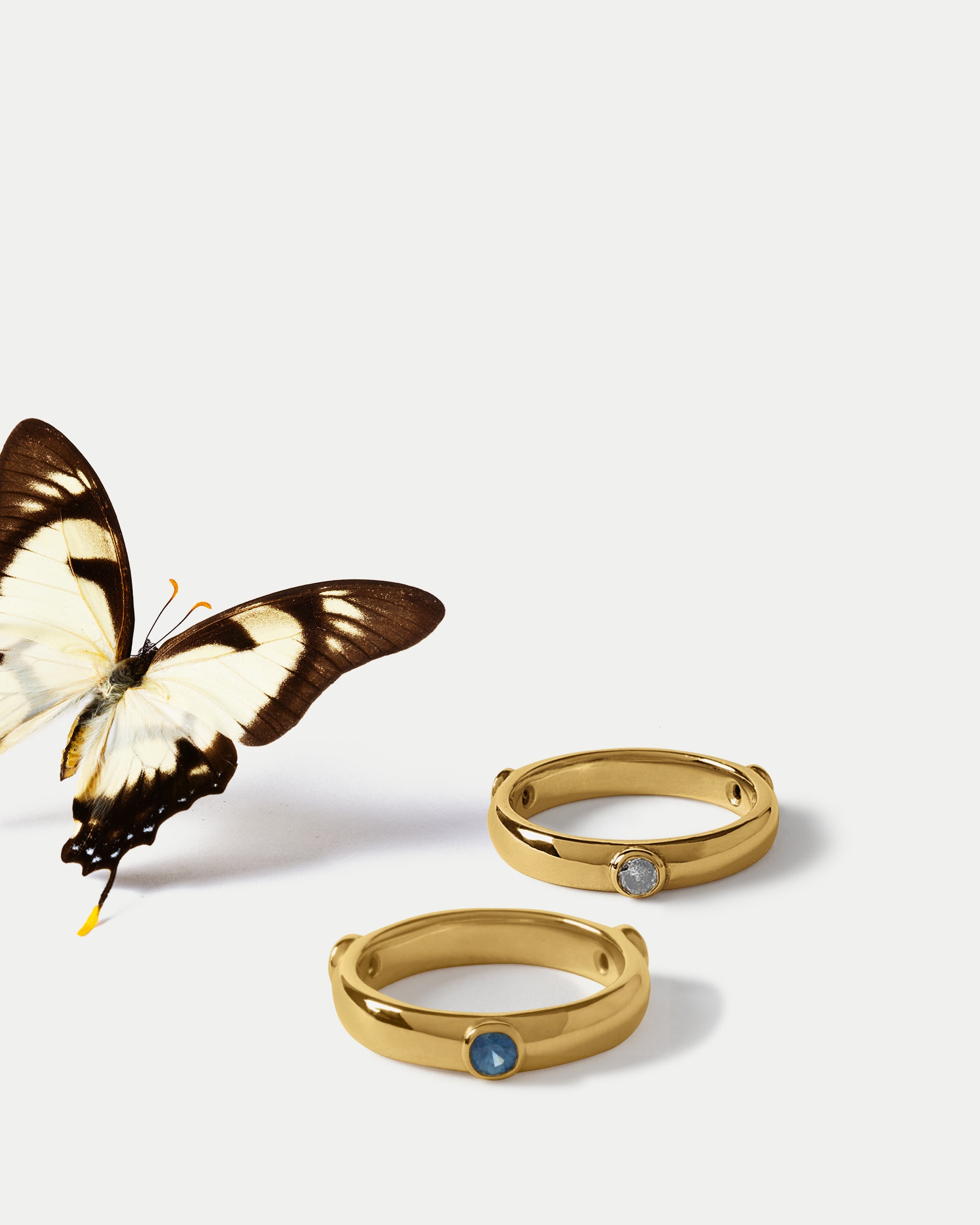 Angled view of Orion Major Band ft. Blue Sapphires in 14k yellow gold and Orion Major Band ft. Salt & Pepper Diamonds in 14k yellow gold with butterfly 