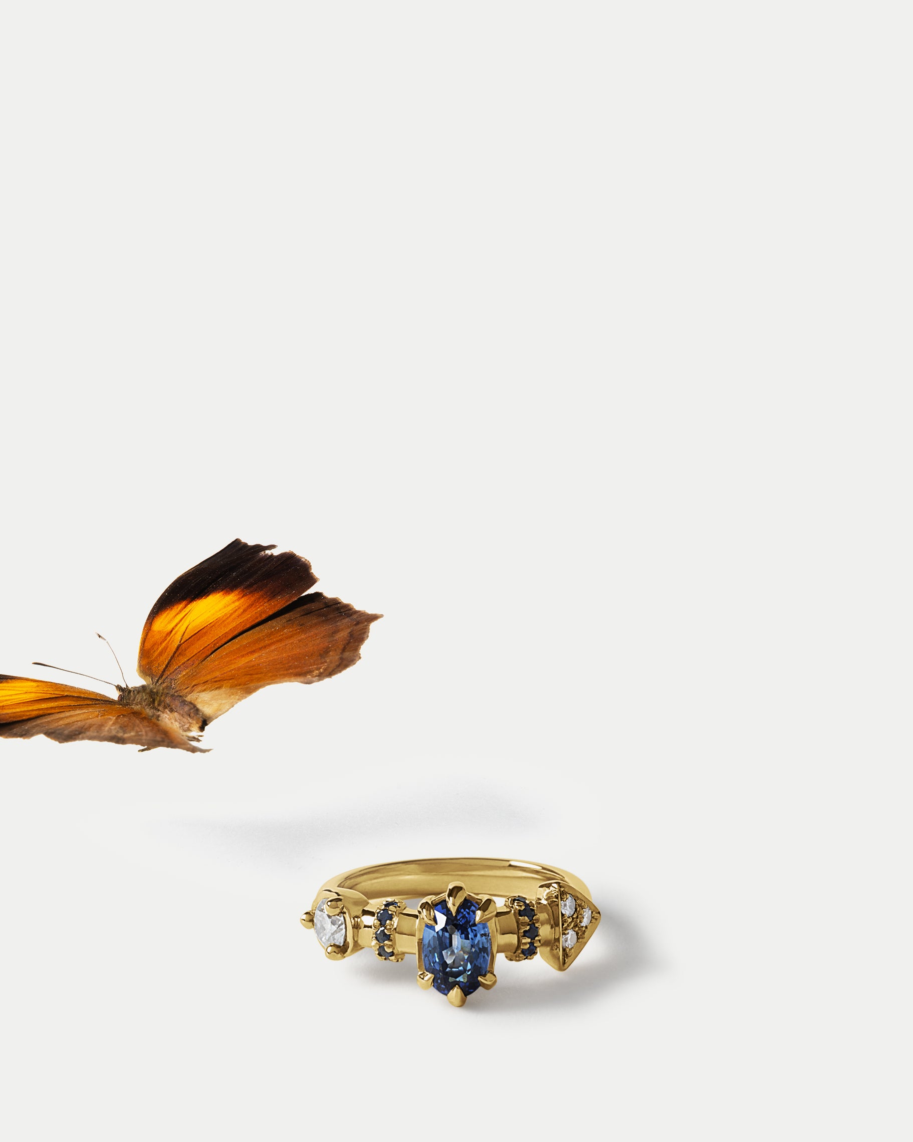 Angled view of Supernova Ring ft. Blue Sapphires & White Diamonds in 14k yellow gold with an insect