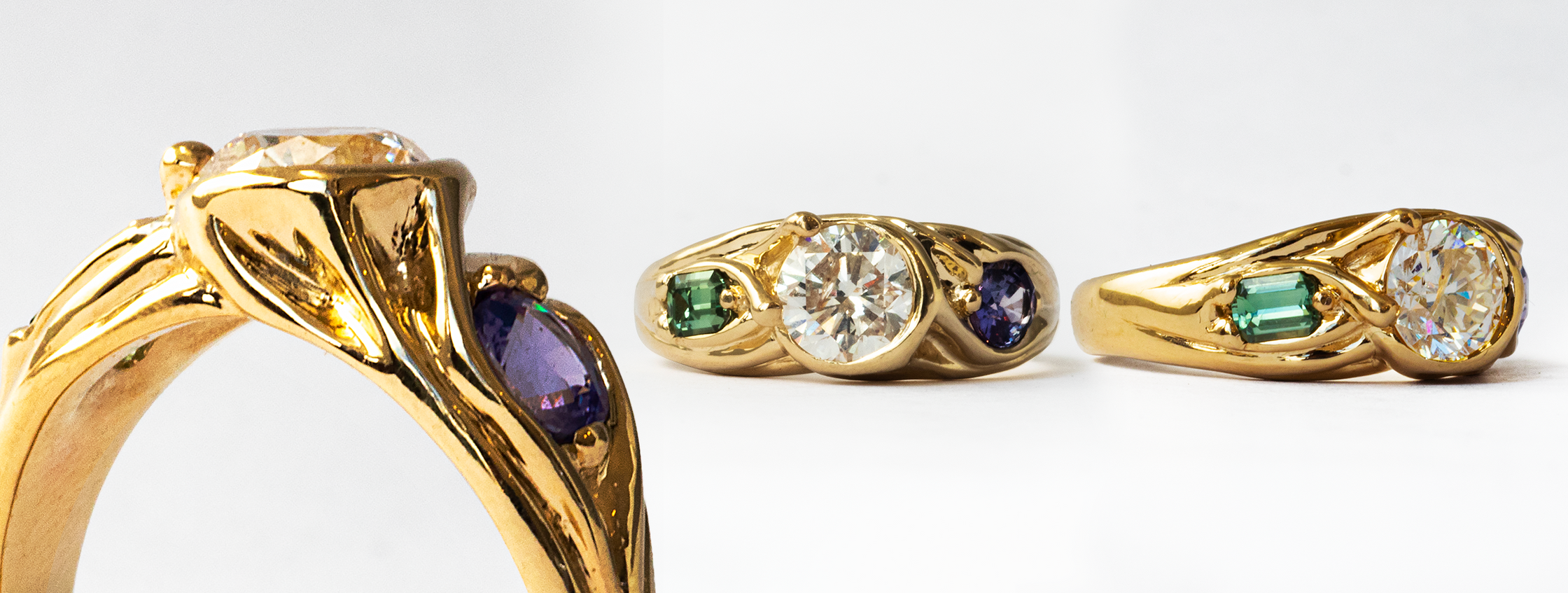 Three different angles of a custom engagement ring by Alfonzo